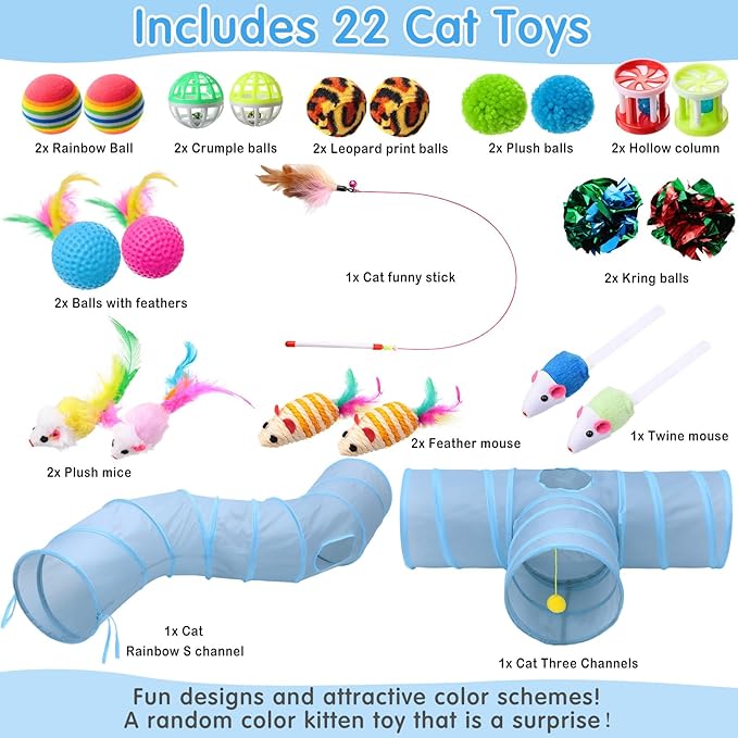 Wettarn 22 Pieces Cat Toys Set, with 2 Collapsible Cat Tunnels for Indoor Cats and 20 Kitten Toys Cat Tubes and Tunnels Interactive Cat Feather Toy Mouse Crinkle Balls for Cats Puppies (Gray)