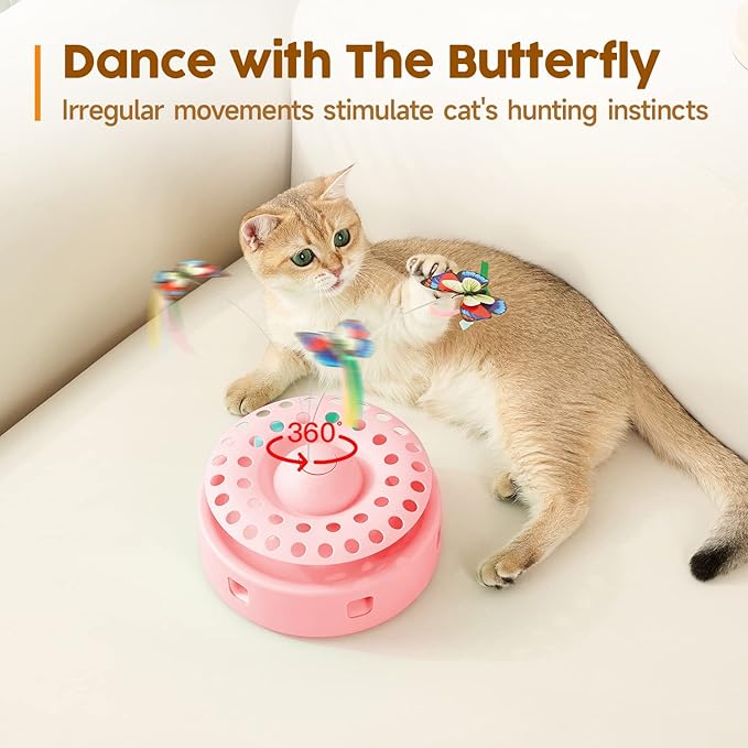 Potaroma Cat Toys 3-in-1 Automatic Interactive Kitten Toy, Fluttering Butterfly, Random Moving Ambush Feather, Track Balls, Dual Power Supplies, USB Powered, Indoor Exercise Cat Kicker (Pink)