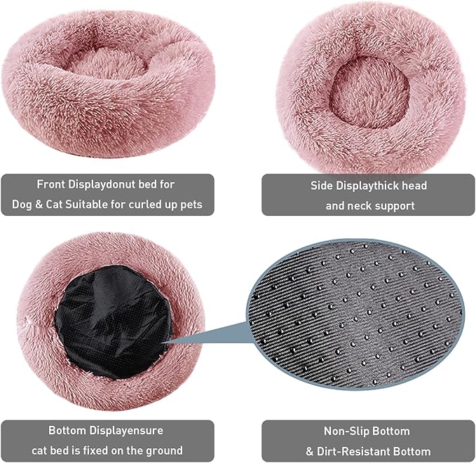 BinetGo Calming Cat and Dog Beds，24 inches Dog Bed, Pink Puppy Bed,Original Calming Donut Cat and Dog Bed in Shag Fur– Machine Washable, Anti Slip Waterproof Bottom