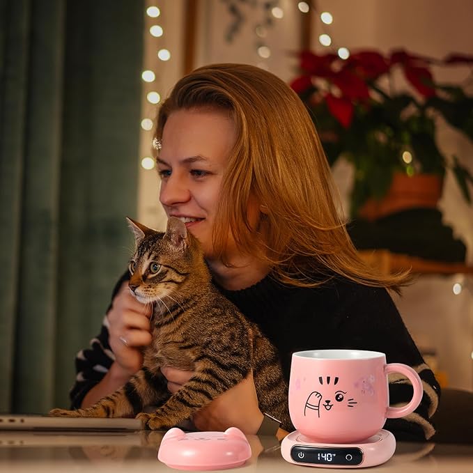 Bsigo Electric LED Display Smart Coffee Mug Warmer & Cute Cat Mug Set, Beverage Cup Warmer for Desk, Warmer Plate for Milk Tea with 3-Temperature Settings (Up to 140℉/60℃), 8 Hour Auto Shut Off, Pink