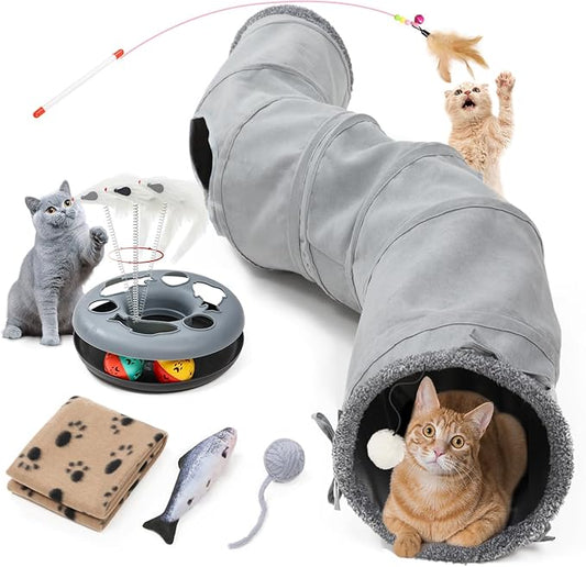 Cat Tunnels for Indoor Cats, Collapsible S-Shape Peekaboo Cat Play Tube Toy Cat Cave, 10.5" Diameter Large Cat Tunnel, Roller Track Kitten Toy, Plush Pet Toy with Catnip, Tease Stick for Cat