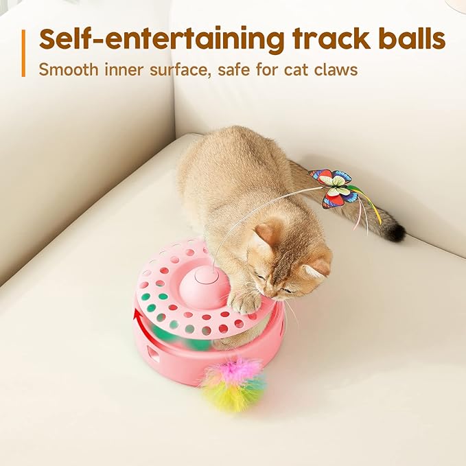 Potaroma Cat Toys 3-in-1 Automatic Interactive Kitten Toy, Fluttering Butterfly, Random Moving Ambush Feather, Track Balls, Dual Power Supplies, USB Powered, Indoor Exercise Cat Kicker (Pink)