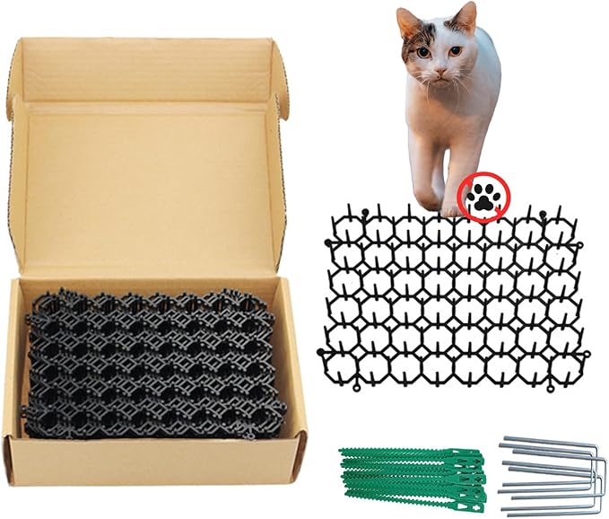 12 Pack 7.9 X 5.9 Inch Square Cat Scat Mats for Cats with Spikes, Prickle Strips from Digging Cat Deterrent Outdoor Include Staples and Zip Ties