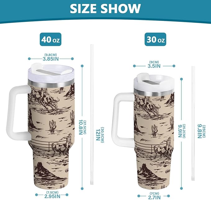 Boccsty Cowboy Cacti Insulated Tumblers Reusable Stainless Steel Tumbler 40 oz Cup Coffee Travel Mug Water Bottle with Handle & Flip Straw for Home Office Car