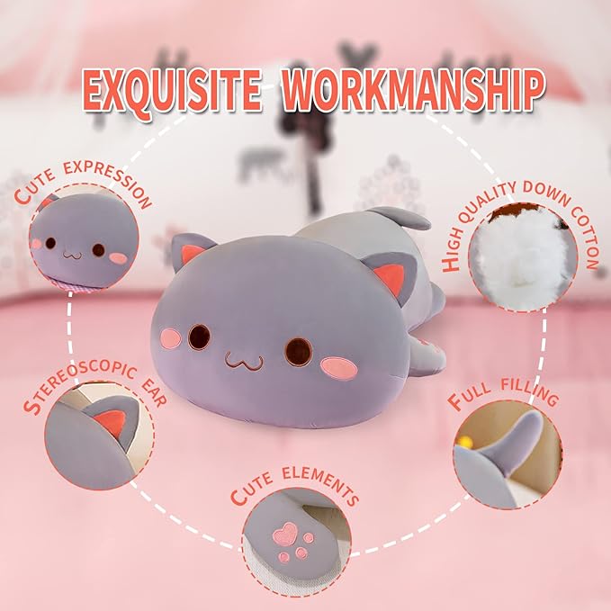 FUYU Cat Stuffed Animals, Soft Cat Plush Pillow Kawaii Kitten Stuffed Animal Toy Gifts for Kids Boys Girls Room Decor (Grey Round Eyes,15in/37cm)