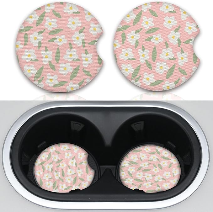 Car Cup Holder Coasters.Car Coasters for Drinks Absorbent,2 Pack Cute Flower Leaf Car Coasters for Women,Cute Auto Accessories with A Finger Notch for Easy Removal 2.75"