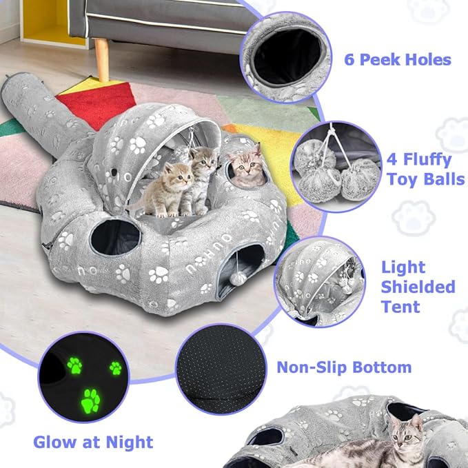Cat Tunnel Bed, Cat Tunnels for Indoor Cats, Cat Donut Tunnel Toy with Washable Circle Cushion, Straight Shaped Tunnel, 4 Fluffy Balls, Blackout Tent, Self-Luminous Cat Toys（Grey）