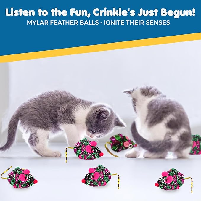 SunGrow 12 Pack Cat Crinkle Mice, 6x1.5 Inch Mice for Indoors, Keep Your Feline Energetic & Excited with Vibrant Colors, Lightweight Design for Long-Lasting Fun, Perfect for Playtime