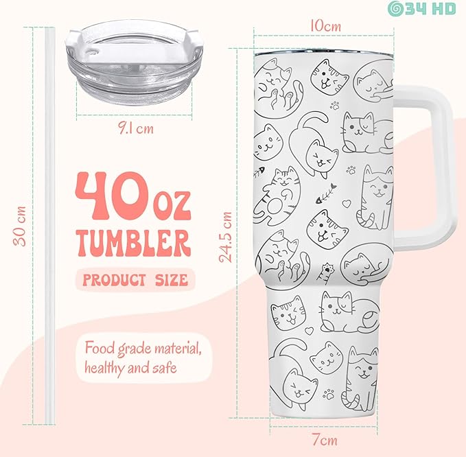 34HD Funny Cat Mom Tumbler with Handle and Straw, 40oz Double Wall Vacuum Insulated Kitty Mug, Pet Owner Gifts for Women, Cat Mom Gifts for Birthday Mothers Day Halloween Christmas