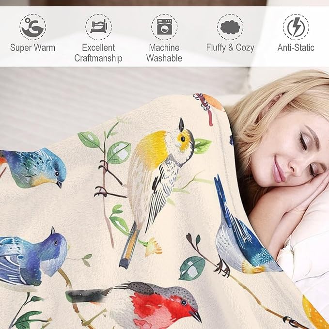 Birds Blanket Spring Gifts for Girls & Boys - Soft, Warm Fleece & Flannel Plush Blankets for Bed, Sofa & Couch - 60"x80"