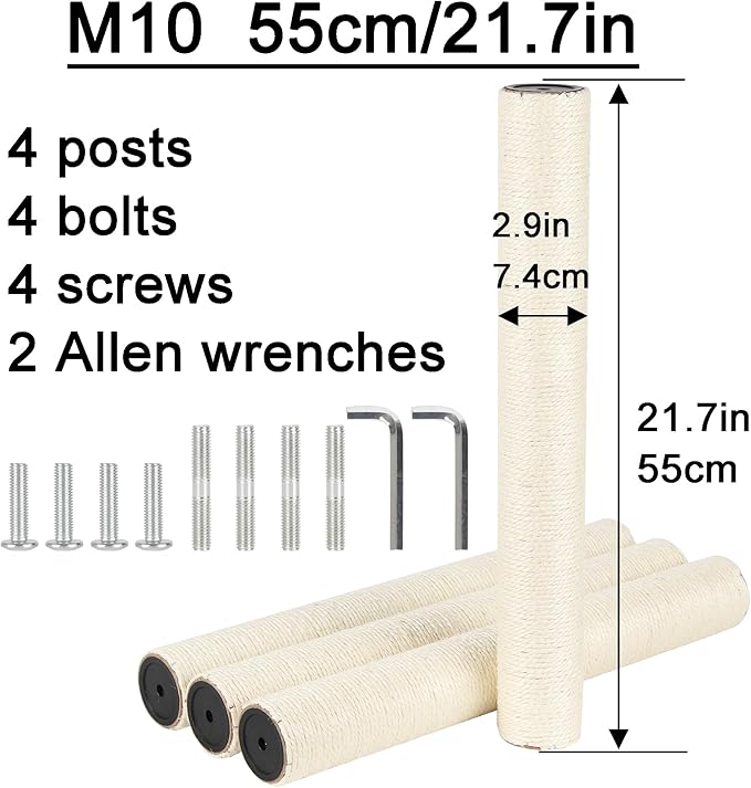 4 Pcs 2.9in 7.4cm Diameter Scratching Post Replacement Sisal Pole for Cat Tree (M10, 21.7in/55cm)