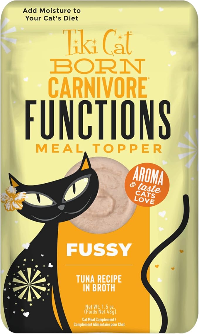 Tiki Cat Born Carnivore Functions Fussy, Tuna Recipe in Broth, Highly Palatable Formulated for Picky Eaters, Mousse Cat Food Topper, 1.5 oz. Pouch (12 Count)