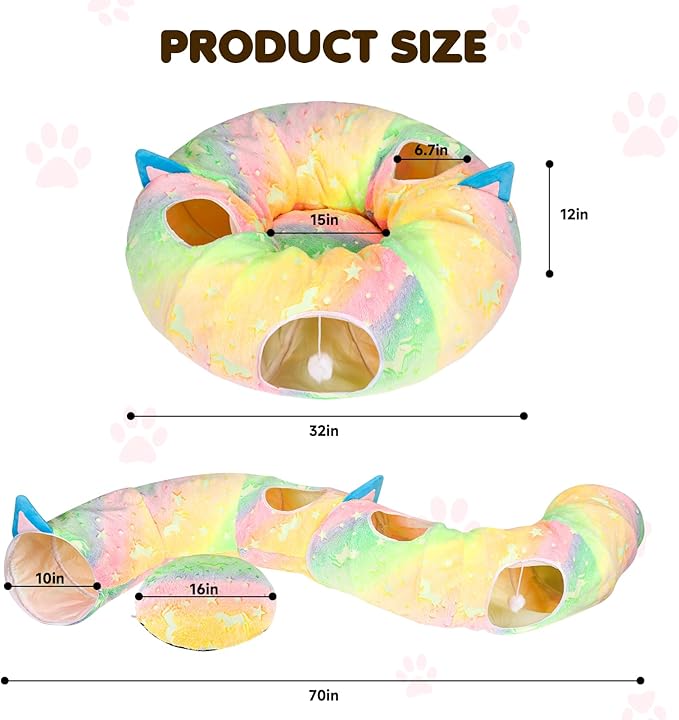 Cat Tunnel Bed for Indoor Cats,Cat Donut Tunnel with 4 Holes & Plush Ball Toys,Collapsible Self-Luminous Multifunctional Pet Playground Toys Hideplace for Kitten/Puppy/Rabbit,Rainbow