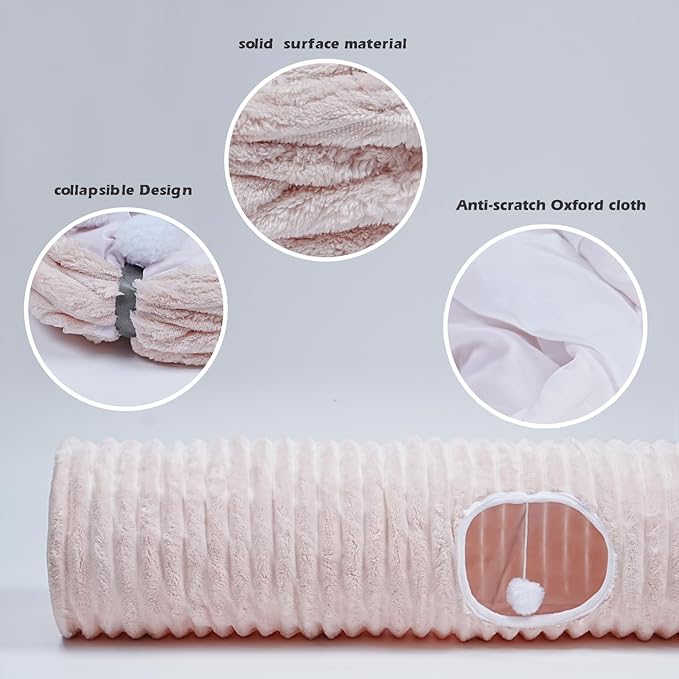Luxurious Cat Tunnel,43" Straight Cat Tunnel Bed with Balls,Cat Toys for Indoor Cats,Collapsible Peekaboo Cat Cave for Kitten Toys（Pink Stripe）