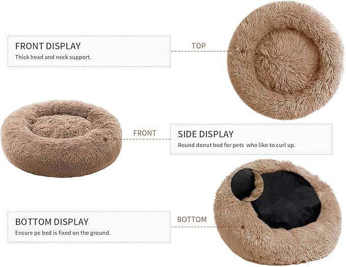 Small Cat Bed for Indoor Cats, Self-Warming Donut Kitty Bed for Small Cats Keeping Warm, Washable Pet Bed with Anti Slip Base, LightCoffee 20‘’