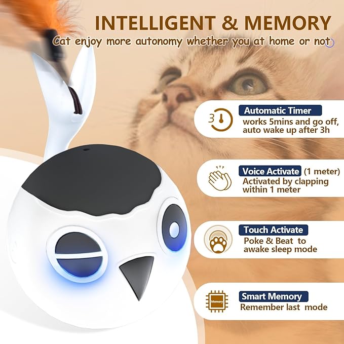 ORSDA Cat Toys, Interactive Cat Toys for Indoor Cats Automatic Moving Ball Bird for Bored Indoor Adult Cat Kitten Toys Ball, Motion Activated Fast Moving Chirping Stimulating Light Cats Toys, 2 Tails