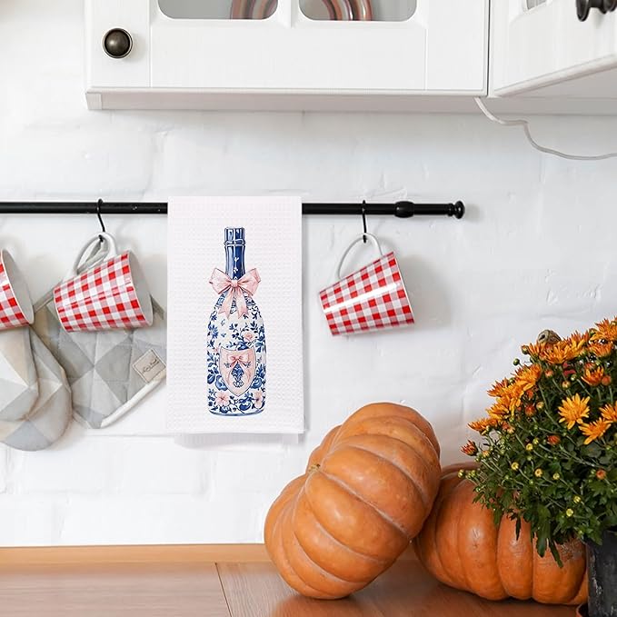 SPBL&L Chinoiserie Decor Kitchen Towels, Blue and White Chinoiserie Champagne Pink Bow Hand Towels for Bathroom, Grandmillenial Decor Dish Towels Tea Towels for Kitchen, 16x24 Inches