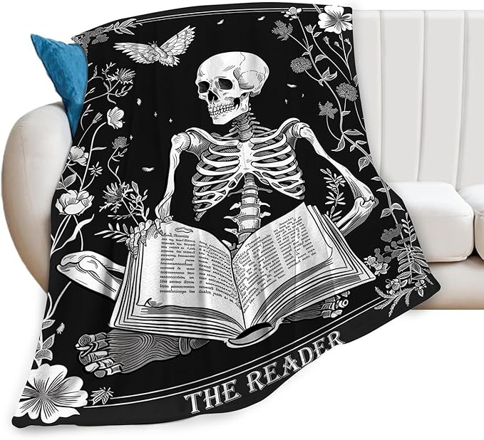 Reading Throw Blanket Ultra Soft Cozy Funny Skeleton Read Book Blanket Fleece Fuzzy Plush Skull Reading Lovers Reader Librarian Decor Gifts for Women Girls Adults Couch Sofa 80"x60"