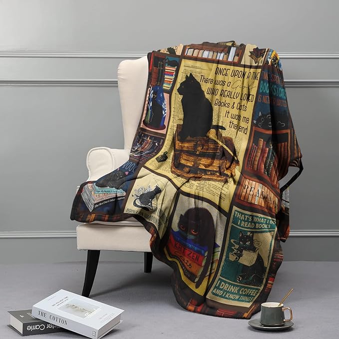 Gifts for Readers, Book Lover Gifts for Women, Black Cat Blanket for Women Cat Lover, Book Reading Lovers Blanket Throws 80"x60"