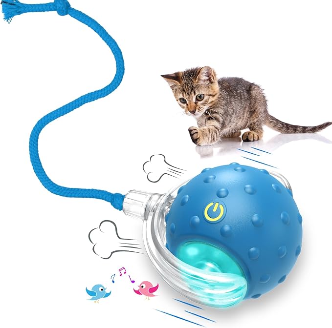 Cat Toys Interactive with Motion Activated & Chirping, Rolling Super Fast on Carpet Happy Party Game with Kittens - Blue