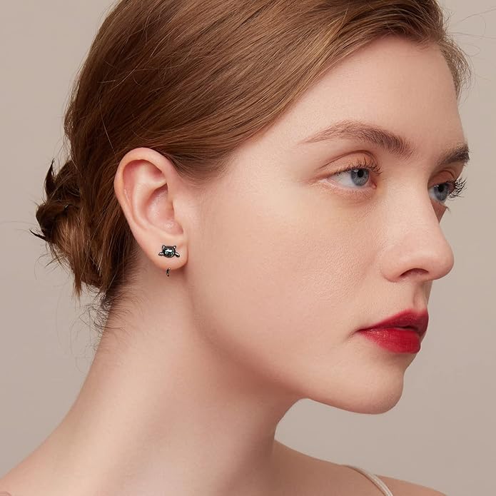 BISAER 925 Sterling Silver Half Huggie Hoop Earrings Cute Cat Dog Panda Animal Earrings for Women Jewelry Gifts