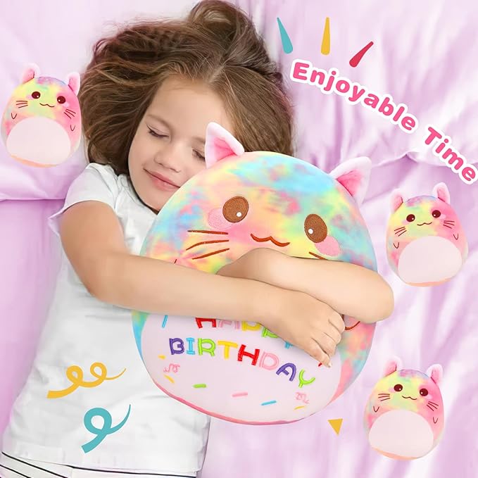 Birthday Cat Plush Pillow, 12'' Cat Stuffed Animal Cute Cat Plush Toy with 3 Little Cat Plushie Home Decoration Birthday Gift for Kids Toddlers