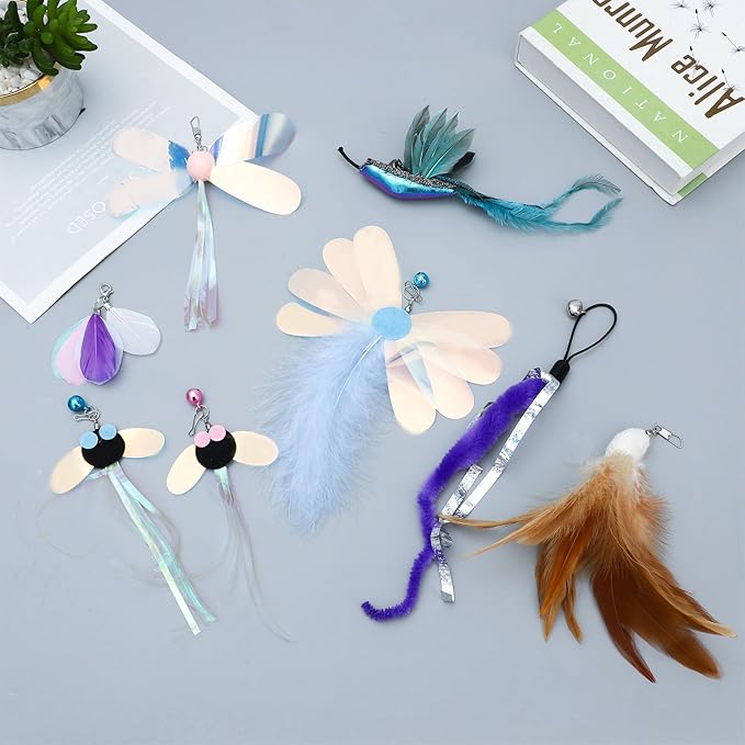 8 Pieces Cat Insect Feather Toys Replacement Cat Toy Wand Refills Interactive Cat Teaser Wand Attachments with Bell for Cat Toys