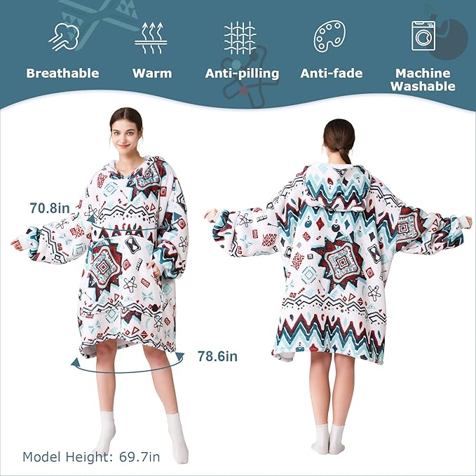 THREE POODLE Wearable Blanket Hoodie for Women, Oversized Sherpa Sweatshirt Blanket for Adults Men, Warm Cozy Bohemia Hooded Blanket, Gifts for Mom Girlfriend Sister