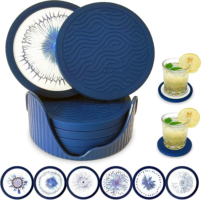 6-Pack Indigo Silicone Coasters with Deep Tray Holder - Double-Sided Drink Coasters - Beverage Mats for Hot or Cold Drinks - Thick, Non-Slip, Non-Stick Silicone with Ceramic Insert