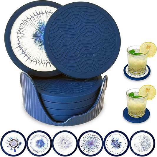 6-Pack Indigo Silicone Coasters with Deep Tray Holder - Double-Sided Drink Coasters - Beverage Mats for Hot or Cold Drinks - Thick, Non-Slip, Non-Stick Silicone with Ceramic Insert