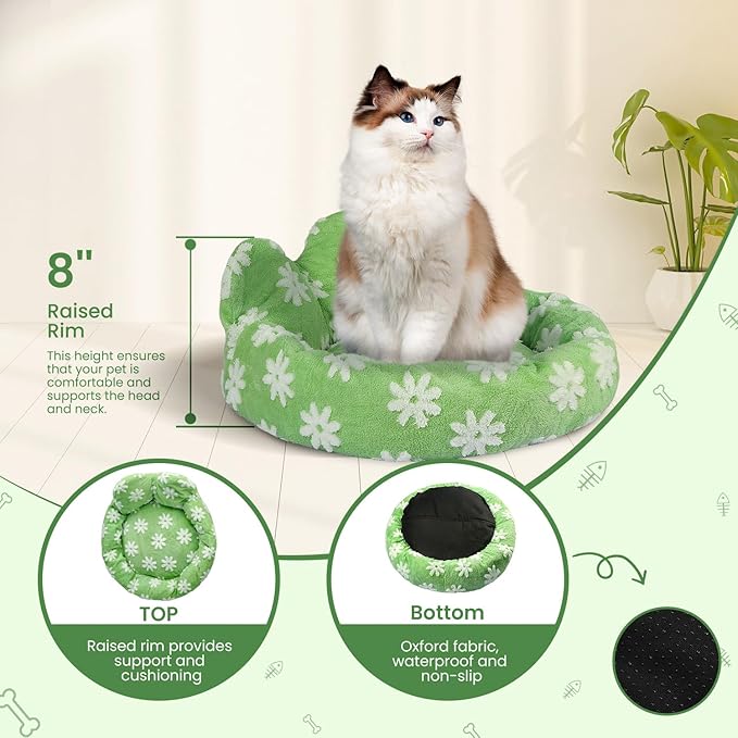 Cat Bed & Dog Bed, Removable Cozy Soft Cat Bed Washable Round Cute Dog Bed with Jacquard for Small Medium Cats and Dogs, Green Flower S