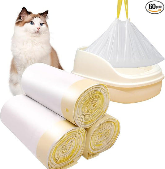 60Pack Extra Thick 2Mil Cat Litter Bags for Automatic Litter Robot 4 Self-Cleaning Litter Box,3 Rolls Drawstring Cat Litter Bags,Replacement Extra Large Cat Litter Bags,26.6’’x 16.9’’