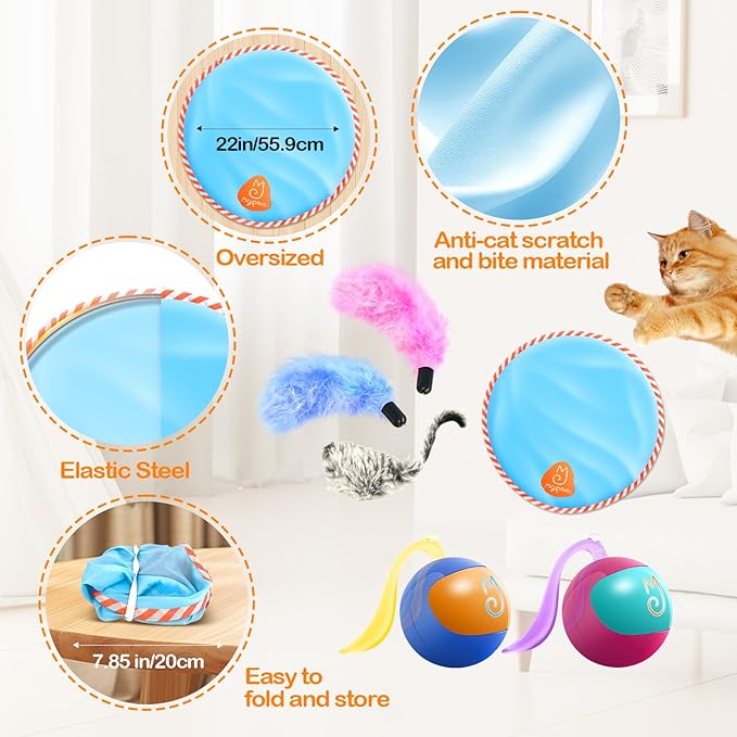 Migipaws Interactive Cat Ball Toy Set, Fun Tracker, Glowing Chase Ball with MystiChaser Pouch, Fluffy Tail, A Small Mice(Blue)
