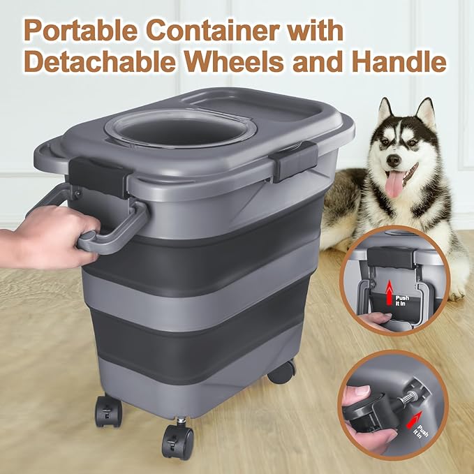 Dog Food Storage Container，10-20 lbs Airtight Collapsible Cat Food Storage Container with Attachable Wheels, Portable Handle, Dog Food Scoop for Dog Cat Bird Pet Dry Food Storage Bin Medium Pack of 2