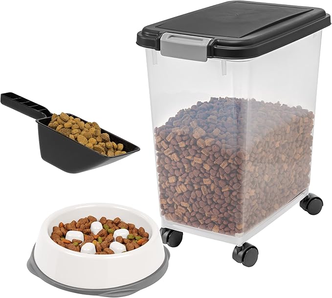 IRIS USA Airtight Dog Food Storage Container with 2-Cup Scoop and Slow Feeder Bowl Combo, Up to 30 lbs Pet Food Bin with Attachable Wheels, Anti-Slip Short Snouted Bowl, Easy to Clean, BPA Free, Black