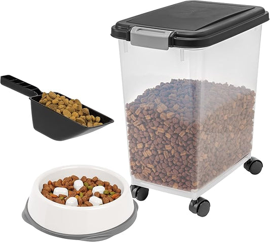 IRIS USA Airtight Dog Food Storage Container with 2-Cup Scoop and Slow Feeder Bowl Combo, Up to 30 lbs Pet Food Bin with Attachable Wheels, Anti-Slip Short Snouted Bowl, Easy to Clean, BPA Free, Black