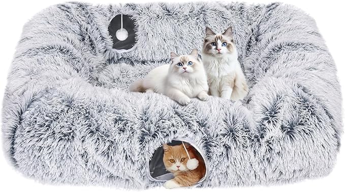 Extra Large Cat Tunnel Bed, Cat Tunnels for Indoor Cats, Plush Cat Donut Tunnel with Washable Middle Mat, 4 Exit Cat Balls, Multi-cat Household Peekaboo Cat Cave, Pet Play Toys for Kitten Puppy Rabbit