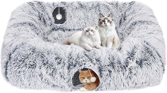 Extra Large Cat Tunnel Bed, Cat Tunnels for Indoor Cats, Plush Cat Donut Tunnel with Washable Middle Mat, 4 Exit Cat Balls, Multi-cat Household Peekaboo Cat Cave, Pet Play Toys for Kitten Puppy Rabbit
