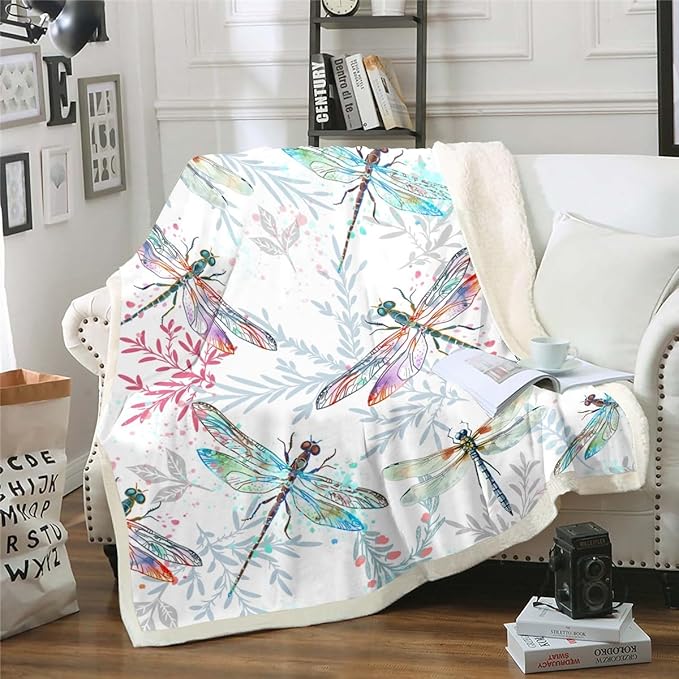 Dragonfly Kids Fuzzy Fleece Sherpa Blanket - Ornamental Dragonfly Print, Watercolor Teal Pink Botanical Plush, Queen 90"x90"