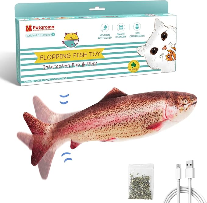 Potaroma Electric Flopping Fish 10.5", Moving Cat Kicker Fish, Floppy Fish Toy for Small Dogs Wiggle Fish Catnip Toys, Motion Kitten Toy Interactive Toys for Exercise, Mice Animal Toys