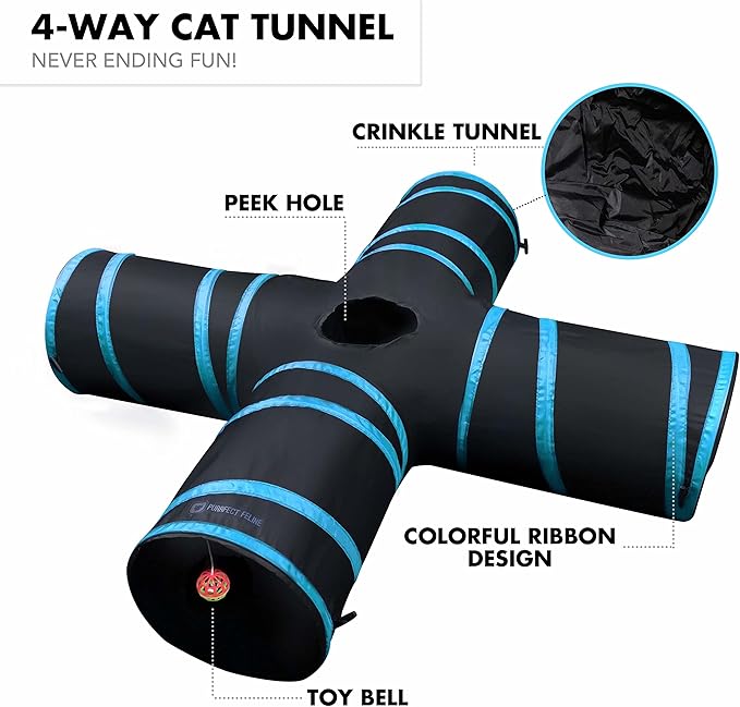 Purrfect Feline - 4 Way Cat Tunnel and Crinkle Cat Toy - Interactive Cat Toy with Cat Ball - Cat Supplies for Indoor Cats - Suitable for Ferrets, Rabbits or Small Dogs - Light Blue - XL