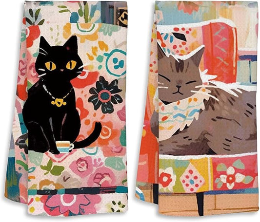 Cute Cat Kitchen Towels Set of 2 Cats Decoration for Cat Lovers Cat Kitchen Accessories Cat Mom Gifts for Women Cute Hand Towels Decorative Set for Kitchen & Bathroom 16×24 Inch