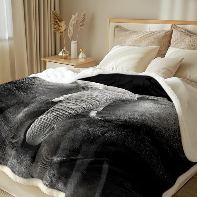 Sleepwish African Elephant Fleece Throw Blanket for Kids Girls Boys Soft Plush Black Grey Elephant Sherpa Blanket for Couch Chair Bed, Queen (90" X 90")