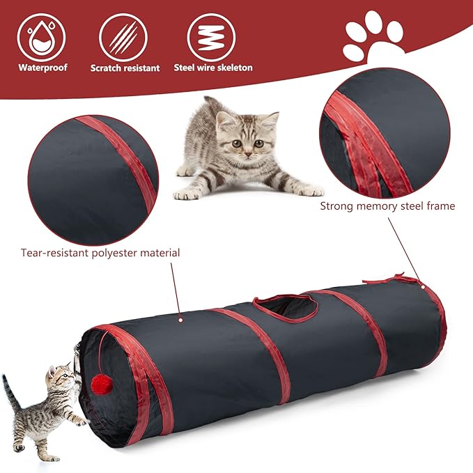 Sheldamy Cat Tunnel, 2-Way Collapsible Play Tunnel, Interactive Toy Maze for Small Animals, Red & Black