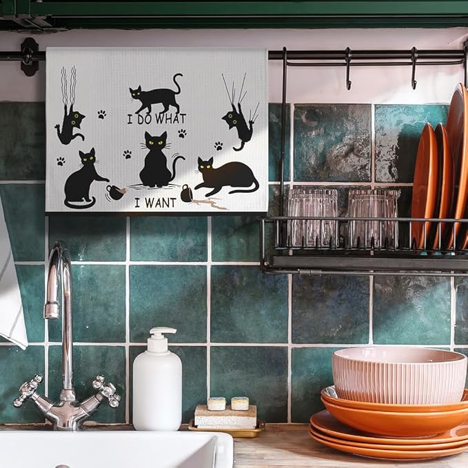 Cat Hand Towel, Black, Polyester, Farmhouse Style, Cat Pattern, Kitchen Decoration