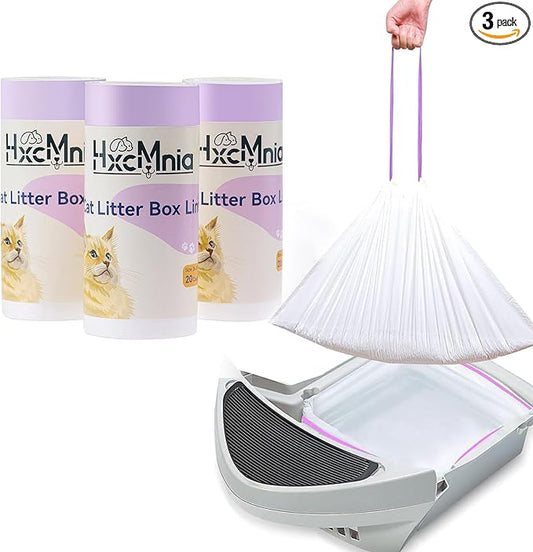 60 Count Self-Cleaning Cat Litter Box Liners, Compatible with Litter Box Robot 4 and 3, Thick Self-cleaning, Heavy Duty Drawstring Waste Bags, 20 Pounds Capacity (26" x 15")