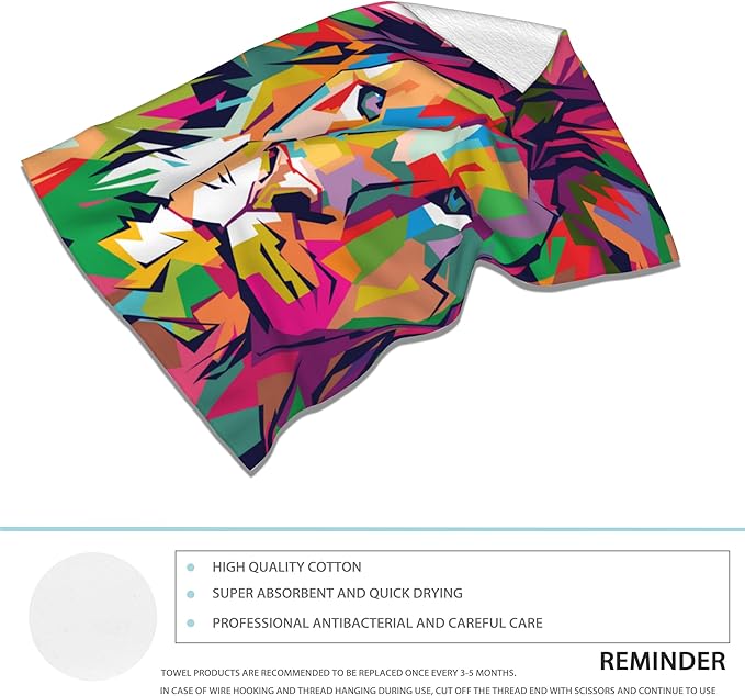 Lion Hand Towel Set of 2,Pop Art Lion Face Washcloths Fingertip Kitchen Towels 28 x 14 Inch Soft Bath Dish Cloth for Bathroom Gym Hotel Salon Spa Sport