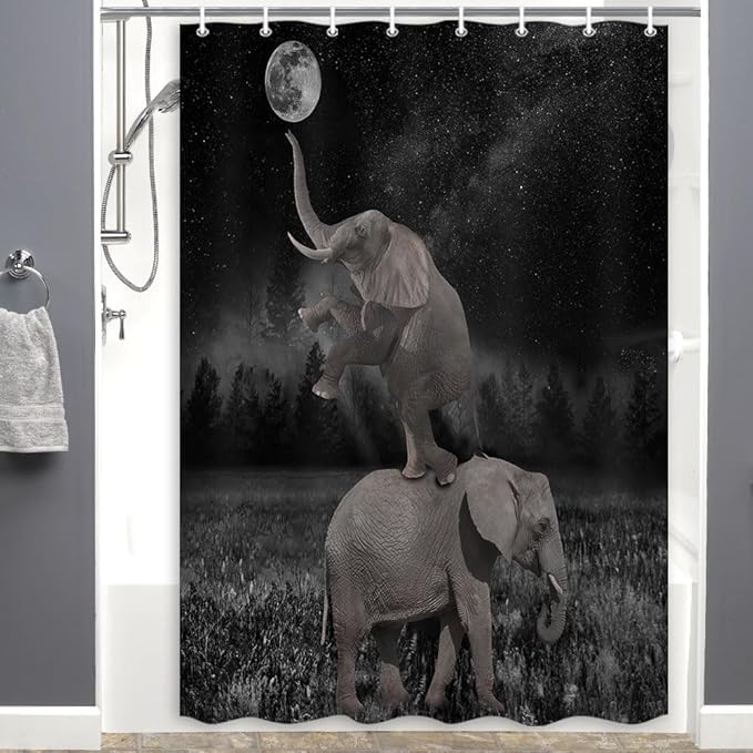 Boziqr Funny Shower Curtains for Bathroom, Cute Elephant Moon Forest Bath Curtain, Rustic Farmhouse Decor Polyester Fabric Fun Cool Animals Black 47 x 64 Inches