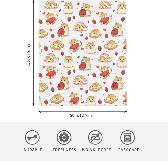 Hamster Strawberry Soft Throw Blanket Flannel Fleece Blankets Warm Cozy Lightweight Fuzzy Blanket for Bed Sofa Couch Home Decor 60"X50"