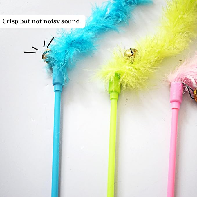 IUHKBH Cat Wand Toys, 3 PCS Interactive Cat Feather Toys Colorful Cat Teaser Wand with Bell for Cats and Kitties